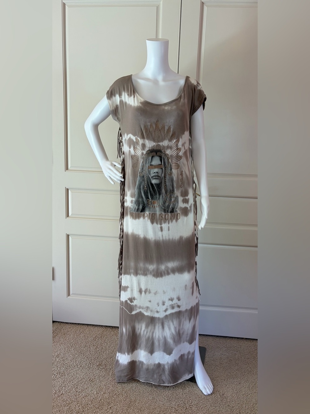 Boho Taupe and White Tie-Dye Maxi Dress with Shimmery Graphics